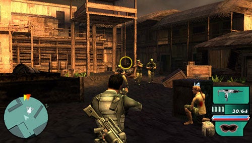 Screenshot of a gameplay moment from Syphon Filter: Dark Mirror video game showing the main character aiming at enemies in a wooden environment with a heads-up display including a radar, health status, and ammunition count.