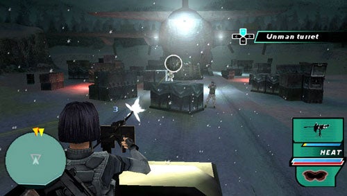 Screenshot from the video game Syphon Filter: Dark Mirror showing a player character aiming a gun at an enemy target labeled 