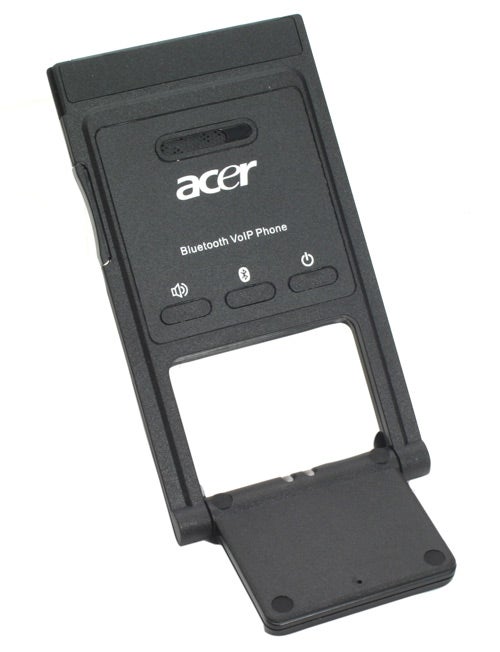 Acer black Bluetooth VoIP phone with stand, featuring company logo and description written on the front.