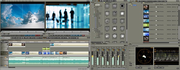 Screenshot of the Canopus EDIUS Pro 4 video editing software interface, displaying multiple open panels including a timeline, clip bin, and audio mixer.
