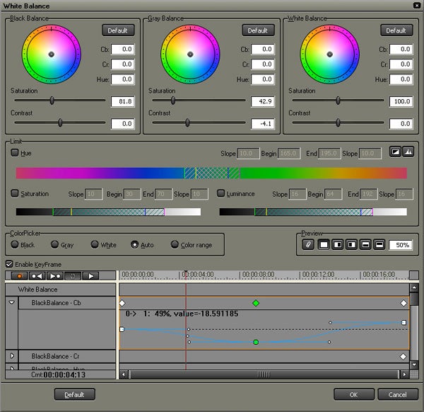 Screenshot of the Canopus EDIUS Pro 4 video editing software interface showing color correction tools including white balance, gray balance, and hue adjustment settings.