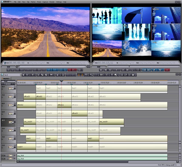 Screenshot of Canopus EDIUS Pro 4 video editing software interface with the sequence settings window open, displaying options for setting sequence name, start timecode, drop frame, total length, panning mode, and color space conversion.Screenshot of Canopus EDIUS Pro 4 video editing software with a multi-track timeline interface, showing video clips, audio tracks and transition effects in the process of editing.