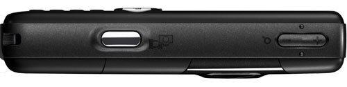 Side view of a SonyEricsson W810i music phone displaying volume control buttons, a camera activation button, and memory card slot.