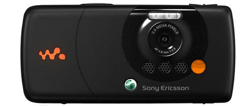 Black Sony Ericsson W810i music phone with a 2.0-megapixel camera lens and orange Walkman logo displayed against a white background.