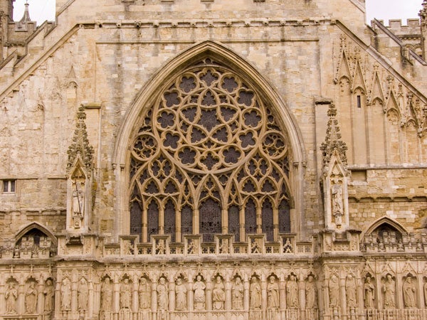Intricate gothic church window architecture.
