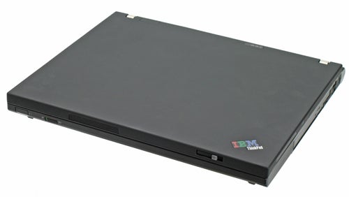 Lenovo IBM ThinkPad T60p laptop closed, showing the top cover with the IBM ThinkPad logo on the bottom right corner.