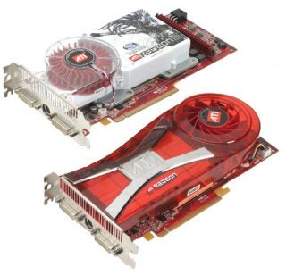 Two ATI Radeon X1950 XT-X graphics cards with red and white color schemes, heat sinks, and cooling fans.