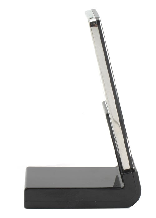 Marware iPod nano Docking Stand on a white background with a clear view of its black base and silver-colored back support.