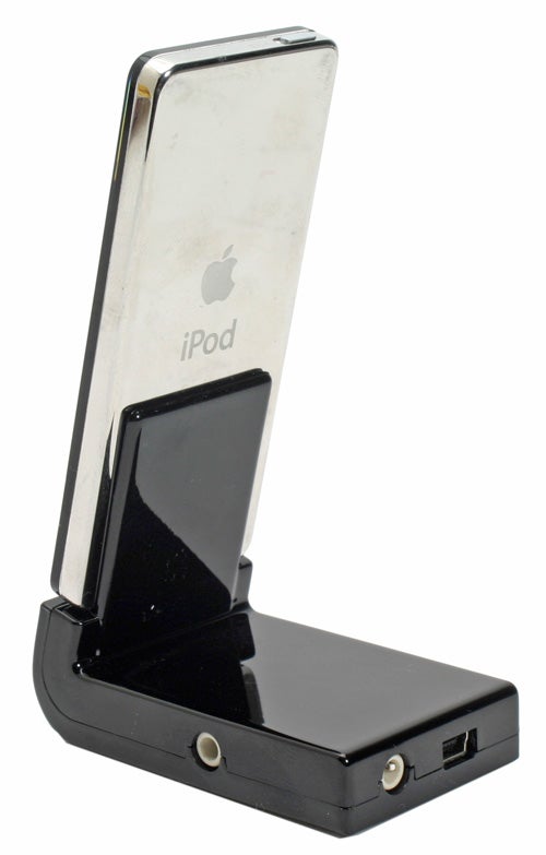 iPod nano positioned in a vertical orientation on a black Marware docking stand with connection ports visible at the base.