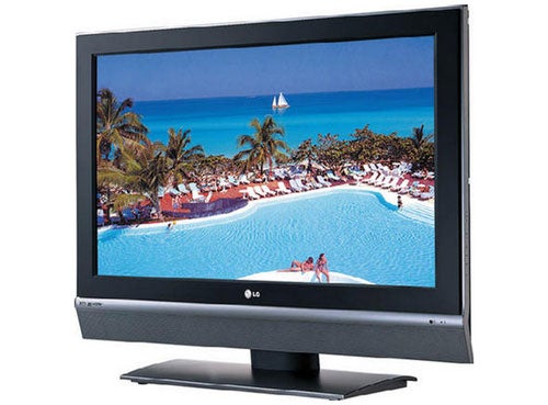 LG 37LC2D 37-inch LCD TV displaying a tropical beach scene.