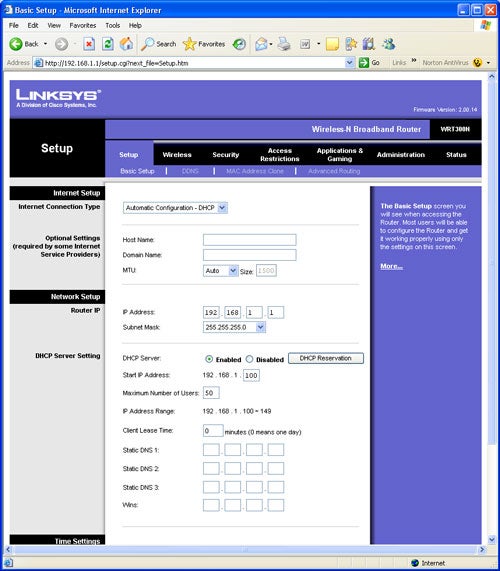 Screenshot of Linksys router setup interface on a computer.