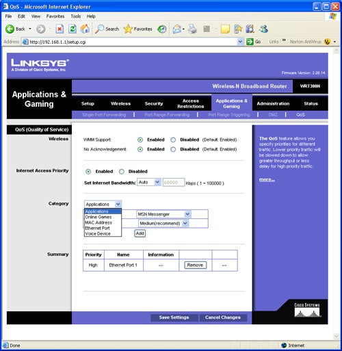 Screenshot of Linksys router configuration interface in Internet Explorer.