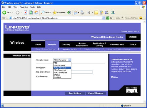Screenshot of Linksys router web interface security settings.