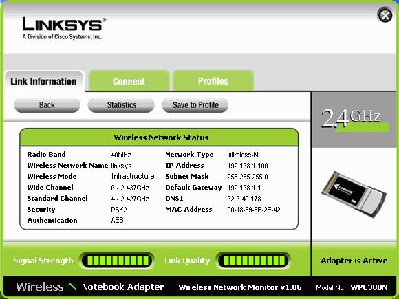 Linksys Wireless-N router interface with network status and settings.