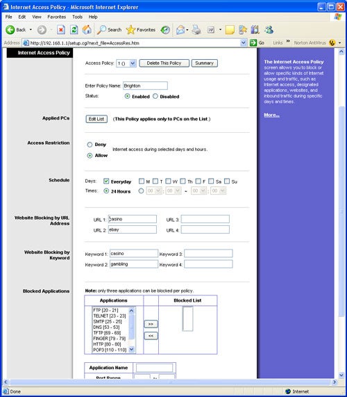 Screenshot of Linksys router web interface for access restrictions.