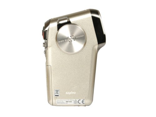Sanyo Xacti VPC-C6 digital camcorder in silver, shown from the back angle highlighting its slim design and integrated lens cover.