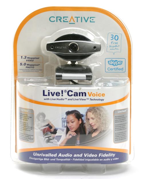 Creative Live! Cam Voice webcam packaged in a clear plastic blister on a cardboard backing with product features and branding, including the Skype Certified logo and mentioning 1.3 megapixel video and 5.0 megapixel photo capabilities.