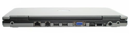 Closed Dell Latitude D420 notebook seen from the side showing various ports including USB, Ethernet, and VGA connections.
