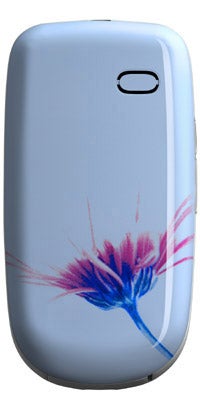 BenQ-Siemens EF61 Mia special edition phone with a closed clamshell design, showcasing a light blue cover with a pink and blue flower graphic.