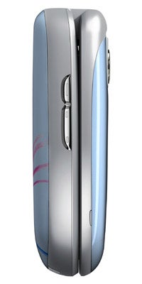 Side view of the BenQ-Siemens EF61 Mia special edition mobile phone showcasing its compact clamshell design, external screen and camera, with a blue cover and pink floral accents.
