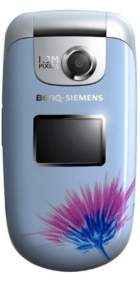 A blue BenQ-Siemens EF61 Mia flip phone with a 1.3-megapixel camera and a decorative pink and blue flower design on the front cover.