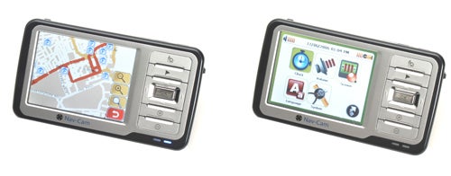 Evesham Nav-Cam 7500 GPS with map and menu screen displayed.