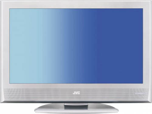 JVC LT-37DR7SJ 37-inch LCD television with a silver bezel and stand, displaying a blue screen.