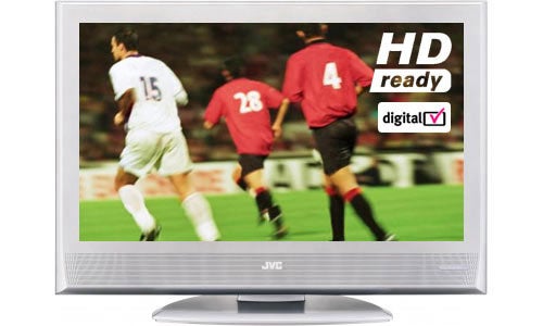 A JVC LT-37DR7SJ 37-inch LCD TV displaying a football match with a badge in the upper right corner indicating 