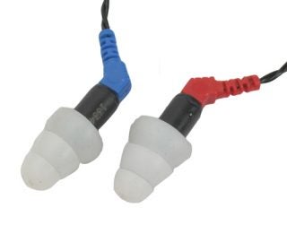 Close-up of Etymotic Research ER.4 microPro headphones showing the earpieces with triple flange ear tips, one with blue and the other with red markings, indicating left and right channels, against a white background.