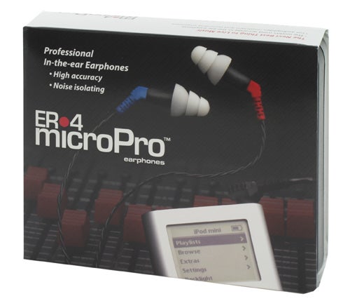 Etymotic Research ER.4 microPro headphones in packaging, highlighting in-the-ear design, high accuracy, and noise isolation features, with red and blue earpieces and an image of an iPod Mini on the box.