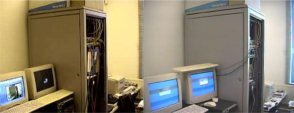 A split image comparing the visual quality of a server room captured by a Panasonic BB-HCM381 IP Camera, with the left side appearing less clear than the right side.