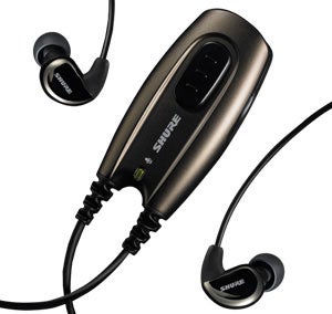 Shure E500PTH noise-isolating headphones with push-to-hear control module and black earpieces.