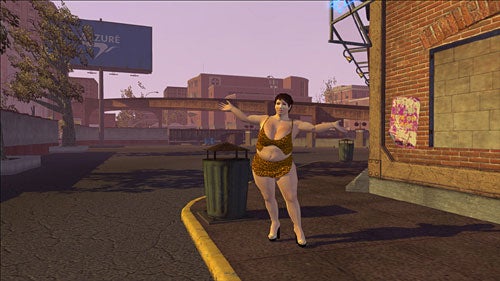 Screen capture from the Saints Row video game showing a character in eccentric attire posing on a street next to a trash can with game environment buildings in the background.