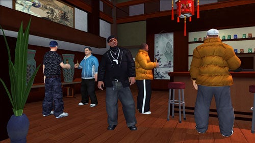 Screenshot from the Saints Row video game showing five characters inside a virtual bar with modern decor and a television screen in the background displaying an action scene from the game.