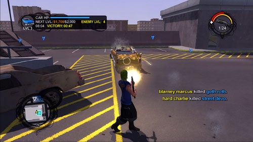 Screenshot from the video game Saints Row showing a character shooting at an enemy vehicle in a parking lot environment, with text overlay indicating in-game player achievements.