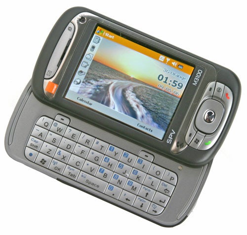 Orange SPV M3100 3G Smartphone with a slide-out QWERTY keyboard displayed on a white background. The screen shows the home interface with icons for calendar and contacts, signal strength, and battery life indicators visible.
