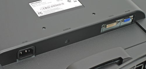 The back view of a Mirai DML-522W100 22-inch LCD monitor, showing the input connectors including a VGA port and power cable socket with the brand label visible.