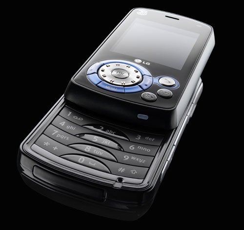 LG U400 slider music phone with circular control pad and numeric keypad displayed on a black background.