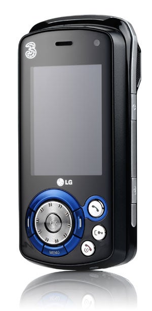 LG U400 mobile phone with sliding numeric keypad, navigation jog wheel, dedicated music buttons, and a reflective black surface.