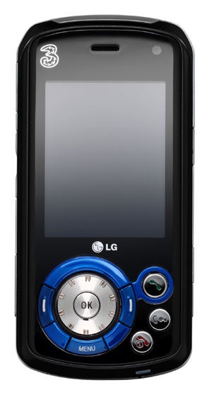 LG U400 music phone with a distinctive blue circular navigation wheel and multiple control buttons, featuring a large display and front-facing camera, set against a white background.