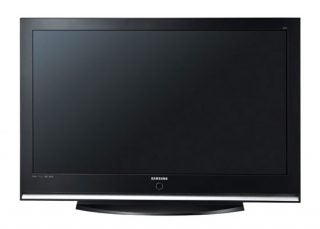 Samsung PS50Q7HD 50-inch plasma TV with a black bezel and stand, displaying a blank screen.