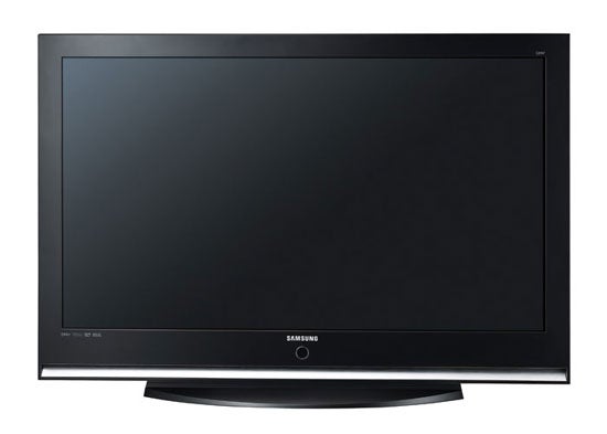Samsung PS50Q7HD 50-inch plasma TV with a black bezel and stand, displaying a blank screen.