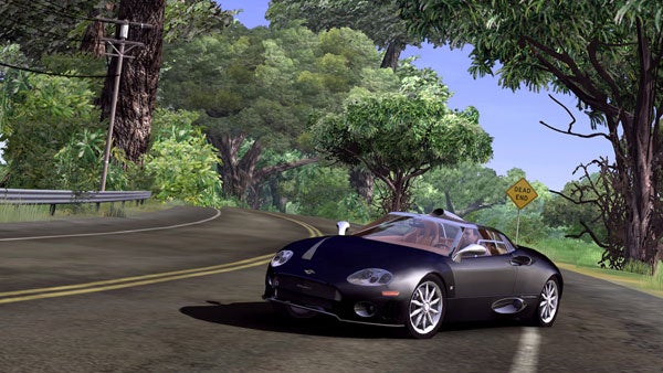 A black sports car driving on a road surrounded by lush green trees in the game Test Drive Unlimited.