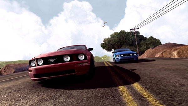 Screenshot from the video game Test Drive Unlimited showing two competing cars, a red and a blue sports car, racing down a country road with power lines and flying birds in the sky.