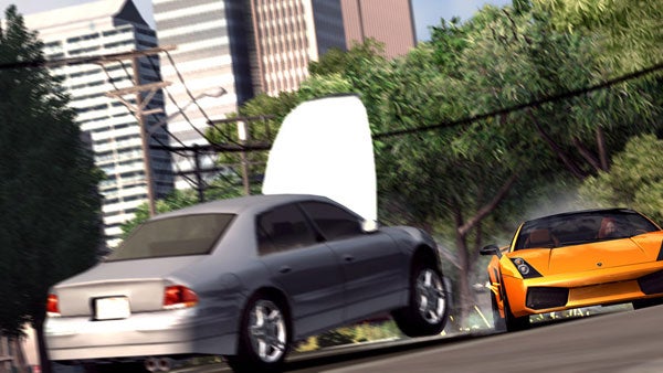 In-game screenshot from Test Drive Unlimited showing a silver sedan overtaking a yellow sports car on a city street with surrounding trees and buildings.