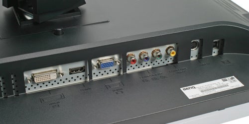 Back panel of BenQ FP241W 24-inch widescreen monitor showing multiple input connections including HDMI, DVI, VGA, and component ports.