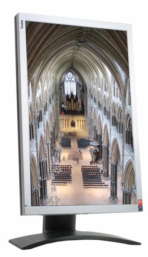 BenQ FP241W 24-inch widescreen monitor displaying a high-resolution image of a cathedral interior, showcasing the screen's color and detail rendering capabilities.
