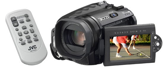JVC Everio GZ-MG505EK HDD Camcorder with remote control, featuring a 3CCD imaging sensor and a flip-out LCD screen displaying a tennis player in action.