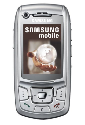 Samsung SGH-Z400 mobile phone with silver casing, displaying the Samsung mobile logo and an image of a hand holding a glowing globe on its screen.