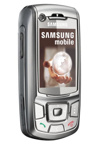 Samsung SGH-Z400 mobile phone with slider design featuring the display screen with Samsung logo and an image of a hand holding a glowing orb.